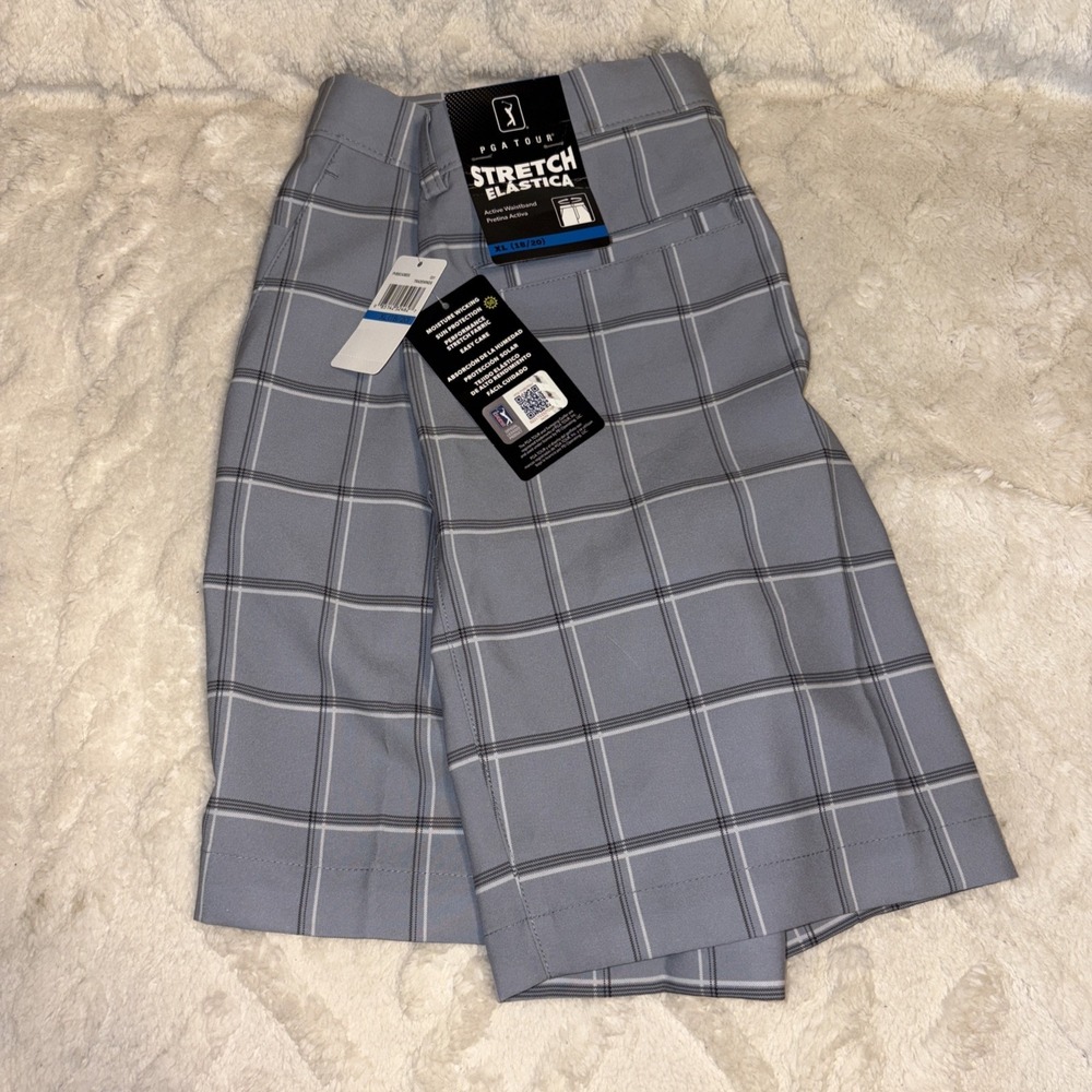 PGA Tour Shorts Boys Size XL‎ (18/20) Golf Stretch Waistband Plaid New Tags Gray